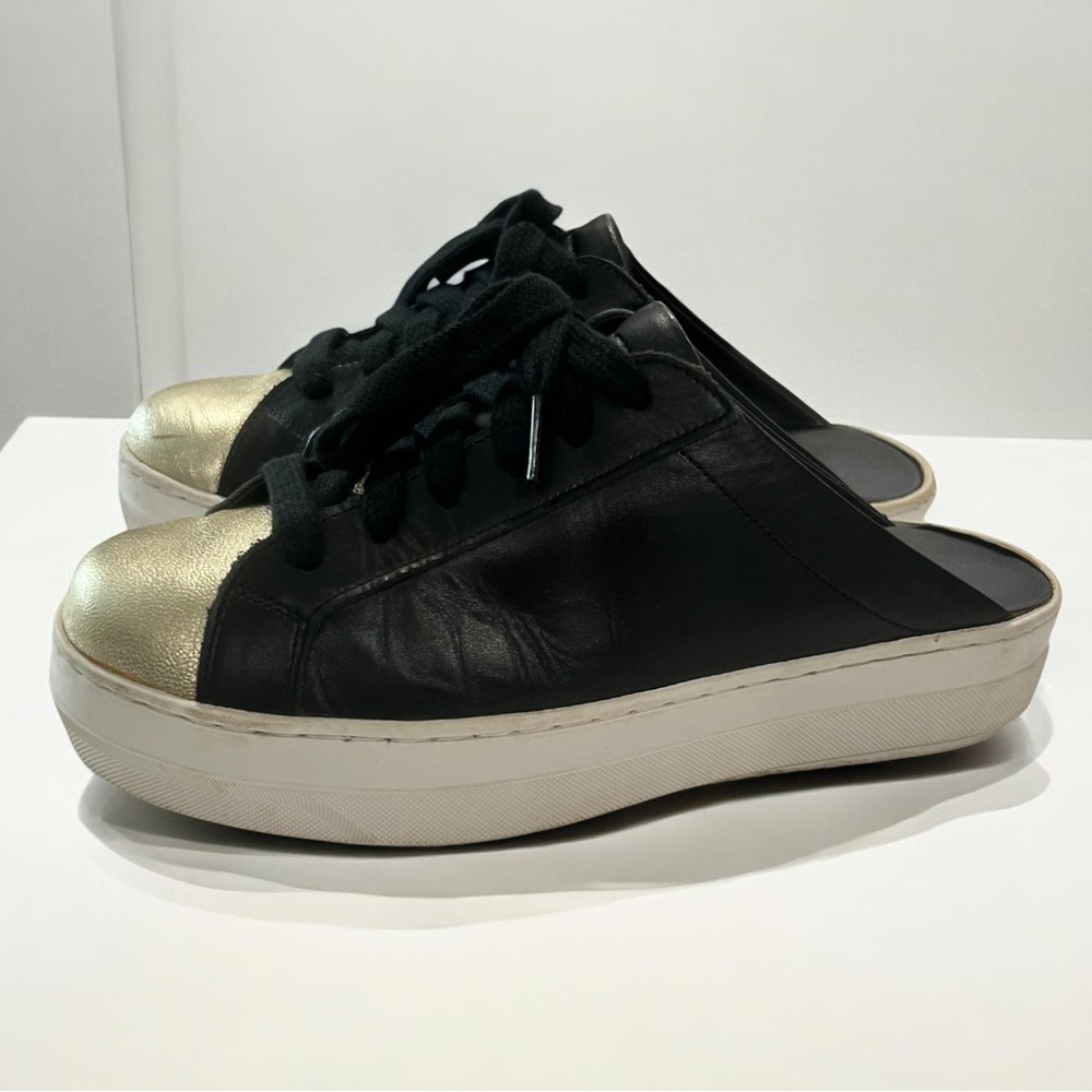 Black Leather Gold Toe Mules Sz 5.5